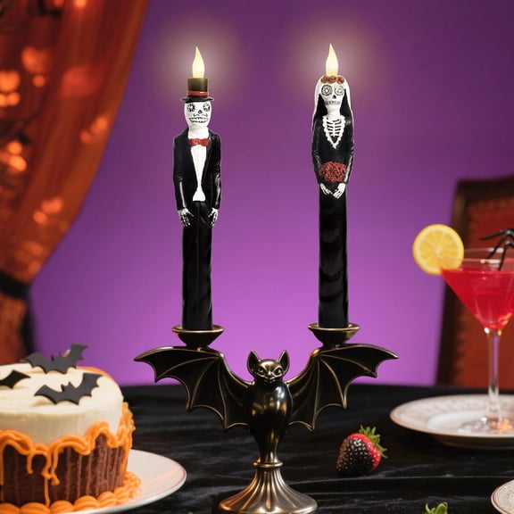 OTGFRF-Helloween Taper Candles with Remote & Timer, Day of The Dead Skeleton Couple Flameless LED Taper Candles, Home Party Haunted House Gothic Halloween Decorations