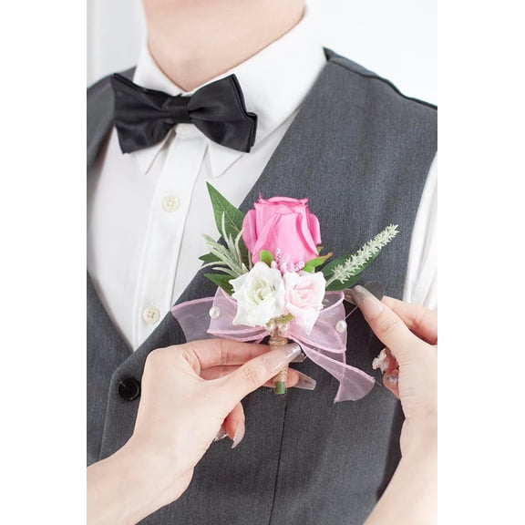 OTGFRF-Hot Pink Corsage and Boutonniere Set for Wedding Prom, Artificial Rose Flower Homecoming Corsage Wristlet, Boutonniere for Men Wedding Suit Decor