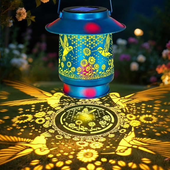OTGFRF-Hummingbird Solar Lanterns Outdoor Waterproof Brim,Christmas Garden Decor Birthday Gifts for Women Mom Grandma,Blue Spray Paint Metal Hanging Solar Lights Outside Decorative for Yard Patio Bac