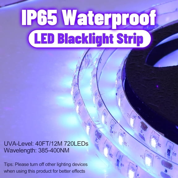 OTGFRF-IP65 Waterproof LED Black Light Strip Kit 40ft/12M 720 LEDs, 12V Flexible Blacklight Fixtures, 385-400nm, Black Light LED Strips for Glow Party Body Paint Outdoor Indoor Decor Birthday Party H