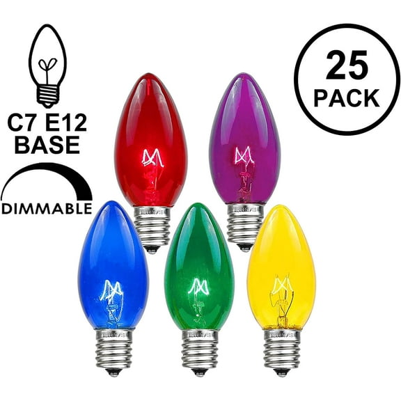 OTGFRF-Incandescent Replacement Bulbs - Outdoor Individual Bulbs for Events, Holiday Parties, Patios, and More - C7/E12 Candelabra Base, 5 Watt Lights (Multicolor, 25 Pack)