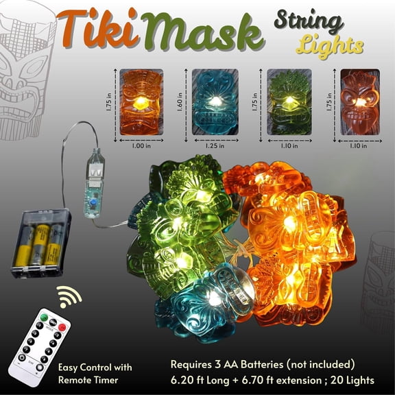 OTGFRF-Indoor Tiki Bar and Dorm Room Decorations, 7FT 20PCS Colorful Tiki Mask LED String Lights, USB Powered with Battery Box, Tropical Party Fairy Lights for Bedroom Wall Shelf Summer Dcor