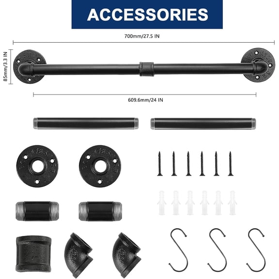 OTGFRF-Industrial Pipe Towel Bar, Heavy Duty Bathroom Hardware Towel Holder Accessory, Wall Mounted DIY Rustic Iron Bathroom Towel Rack Holder (24 Inch, Black)