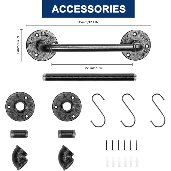 OTGFRF-Industrial Pipe Towel Bar, Heavy Duty Bathroom Hardware Towel Holder Accessory, Wall Mounted DIY Rustic Iron Bathroom Towel Rack Holder (9 Inch, Black)