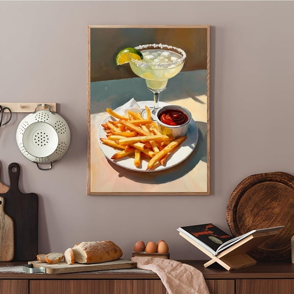 OTGFRF-Kitchen Canvas Wall Art Rustic Vintage Wall Decor Funky Funny Modern Still Life Oil Painting French Fries And Cocktail Canvas Poster Aesthetic Picture Prints Painting Kitchen Decor, 16"x24" Un