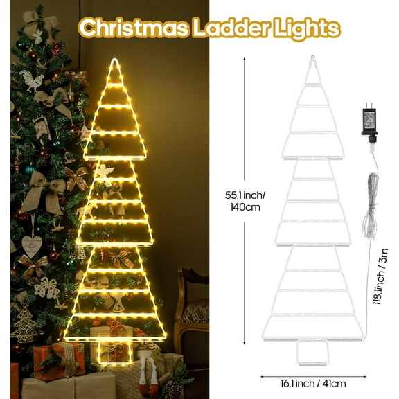 OTGFRF-LED Christmas Lights Outdoor, 4.6ft Ladder Lights, Plug-in Christmas Tree Hanging Light, Waterproof 8 Light Modes Festival Decoration for Indoor, Wall, Window, Garden - Warm White