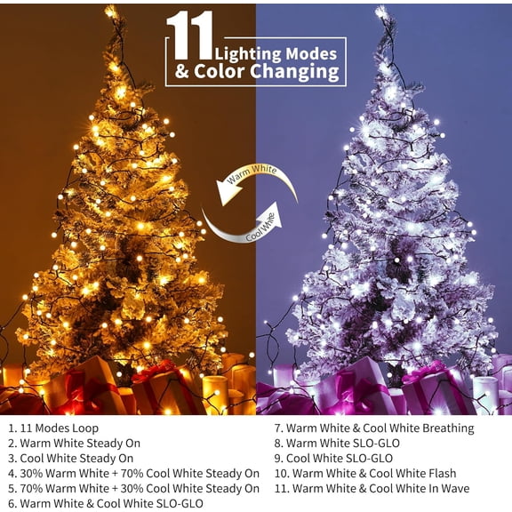 OTGFRF-LED Color Changing Lights - 66ft, Warm & Cool White, Dimmable, Connectable, Berry String Lights for Christmas Tree Party