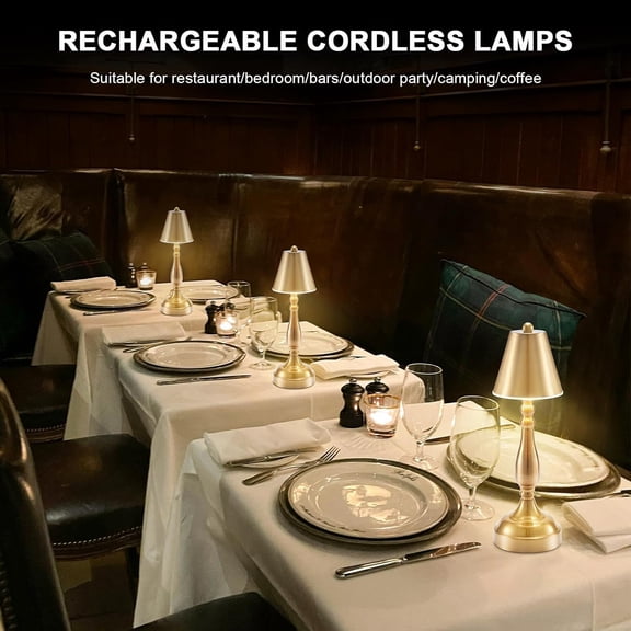OTGFRF-LED Cordless Rechargeable Table Lamp, Small Battery Operated Brass Lamp for Restaurant Dining Dinner Table Countertop, Portable Metal Touch Dimmable Table Light for Bedside Bars Patio Outdoor