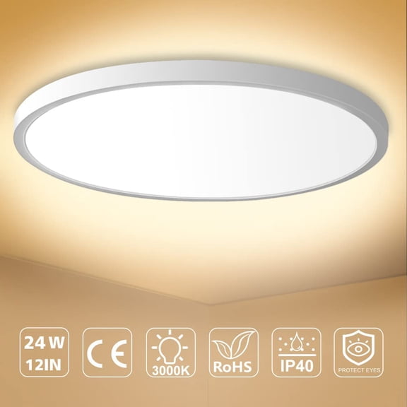 OTGFRF-LED Flush Mount Ceiling Light Fixture, 2800K Warm White 24W(240W Equivalent) 12 Inch Flat Modern Ceiling Lighting, 3200LM Ceiling Lamp for Bathroom Porch, Kitchen, Bedroom, Living Room, Hallwa