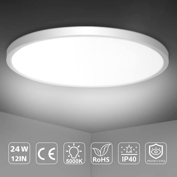 OTGFRF-LED Flush Mount Ceiling Light Fixture, 5000K Daylight White 24W(240W Equivalent) 12 Inch Flat Modern Ceiling Lighting, 3200LM Ceiling Lamp for Bathroom Porch, Kitchen, Bedroom, Living Room, Ha
