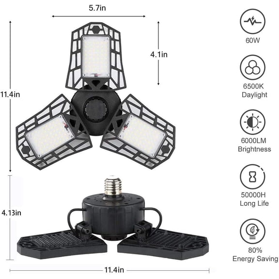 OTGFRF-LED Garage Lights - 6000 Lumen 6500K Daylight 60W, Three Leaf Led Garage Ceiling Lights, Pack of 2