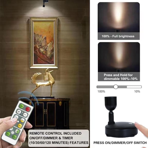 OTGFRF-LED Spotlight, Battery Powered Picture Lights, Uplighting Indoor, Puck Lights with Remote, Small Spot Light for Wall Display Dartboard Painting Artwork Closet-Natural White