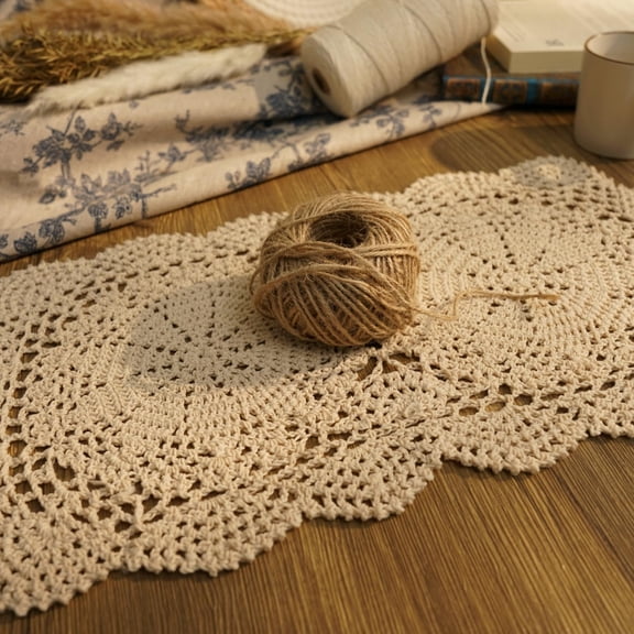 OTGFRF-Lace Doilies Handmade Crochet Placemats Cotton Doilies Cloth Lace, Pack of 2, Rectangular Shape Table Runner, 10 x 17 inch (Beige)