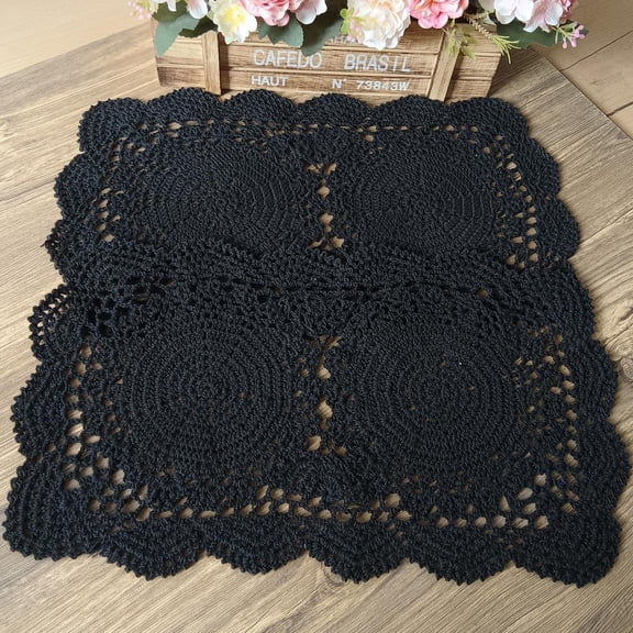OTGFRF-Lace Doilies Handmade Crochet Placemats Cotton Doilies Cloth Lace, Pack of 2, Rectangular Shape Table Runner, 10 x 17 inch (Black)