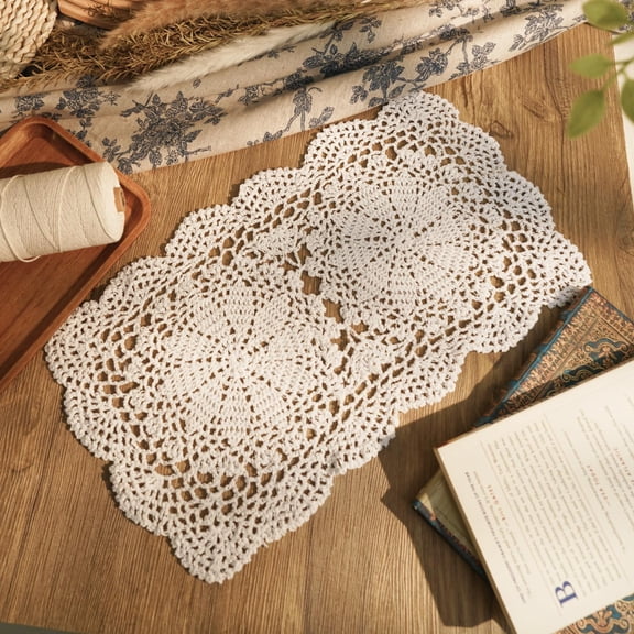 OTGFRF-Lace Doilies Handmade Crochet Placemats Cotton Doilies Cloth Lace, Pack of 2, Rectangular Shape Table Runner, 10 x 17 inch (White)