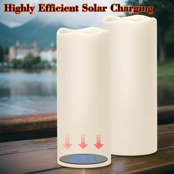 OTGFRF-Large Solar Flameless Flickering Candles Outdoor Waterproof, Solar Powered Dusk to Dawn White Plastic LED Pillar Candles Garden Camping Lanterns Wedding Indoor Decor (2Pcs,4" D10" H)