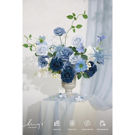 OTGFRF-Ling's Moment Fake Flowers Box, Faux Artificial Greenery Stems Foam Roses Berry Silk Morning Glory Fabic Flower for Centerpieces Bouquet Wedding Vase Decoration, Dusty Blue & Ivory & Sage, Gra