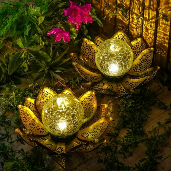 OTGFRF-Lotus Solar Light Outdoor Garden Decoration for Patio, Lawn, Walkway, Tabletop, Waterproof Metal Lotus & Glass Globe Emit Crackle Light, Golden