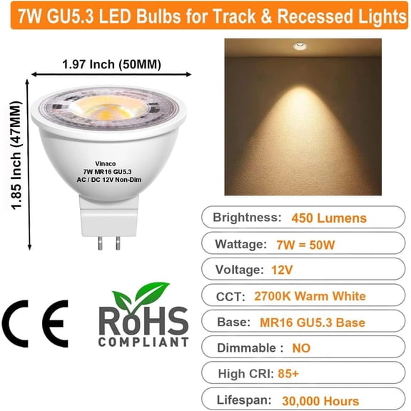 OTGFRF-MR16 LED Bulb 2700K 7W Warm White 450LM High Brightness MR16 Bulb GU5.3 Bi-pin Base(50W Halogen Equivalent) Non-dimmable, 38GU5.3 Light Bulb LED for Landscape Lighting Track Lighting