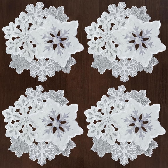 OTGFRF-Machine Embroidered and Hand Cut Silver Grey and White Snowflakes Round Table Doily Placemats for Christmas Holiday (Round 16 inches (4 Pieces))