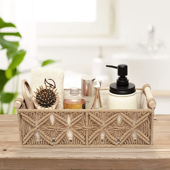 OTGFRF-Macrame Storage Basket Boho Decor Baskets for Organizing Woven Decorative Basket for Countertop Toilet Paper Basket for Toilet Tank Top Shelf Basket with Handle for Bathroom Decor Nursery (Set