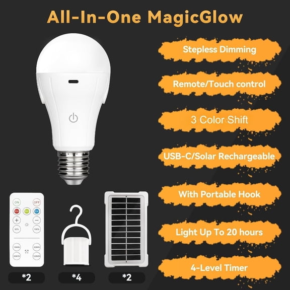 OTGFRF-MagicGlow Rechargeable Solar Light Bulbs with Remote, USB+Solar Rechargeable Bulbs,3 Colors Shift + Dimmable Battery Light Bulb, A19 Emergency LED Light Bulbs, 15W, Up to 24 Hours, 2 Pack