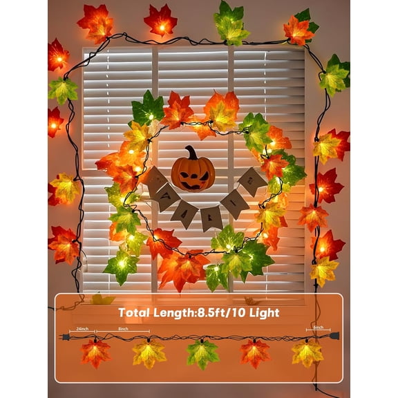 OTGFRF-Maple Leaf String Lights Thanksgiving Decorations, Fall Garland Lights String with 35 LED Orange Yellow Green Lights for Connectable Display Indoor Outdoor Fall Decor Halloween Decorations