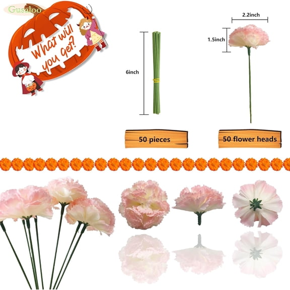 OTGFRF-Marigold Flower Heads Bulk 50Pcs, Faux Mexican Marigold Artificial Flowers for Diwali Home Decor DIY Wreath Garland Craft Wedding Mexican Party Day of The Dead Decoration Halloween Decor(Light