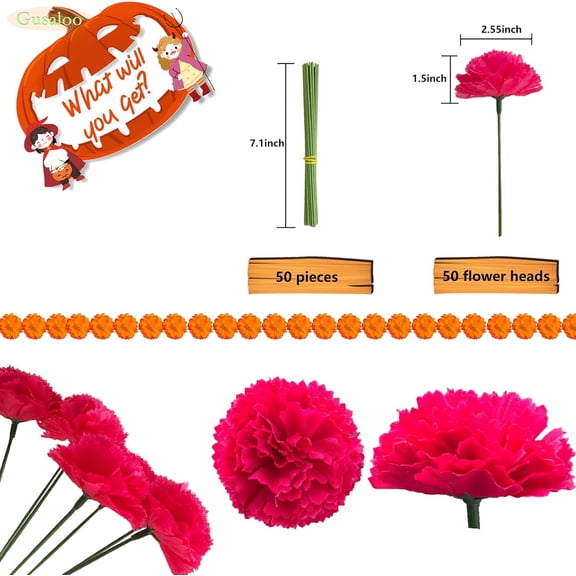 OTGFRF-Marigold Flower Heads Bulk 50Pcs, Faux Mexican Marigold Artificial Flowers for Diwali Home Decor DIY Wreath Garland Craft Wedding Mexican Party Day of The Dead Decoration Halloween Decor(RoseR
