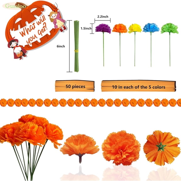 OTGFRF-Marigold Flower Mexican Marigold Flower Heads Halloween Faux Marigold Flower Day of The Dead Decoration for Mexican Party Cinco de Mayo Wedding Party Diwali Home Decor(Colorful,50 Pcs)
