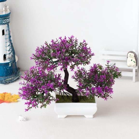 OTGFRF-Mini Artificial Bonsai Tree Plants Artificial Plant Welcome Pine Treewith Plastic Cement Pots for Home Office Dcor (Magenta)