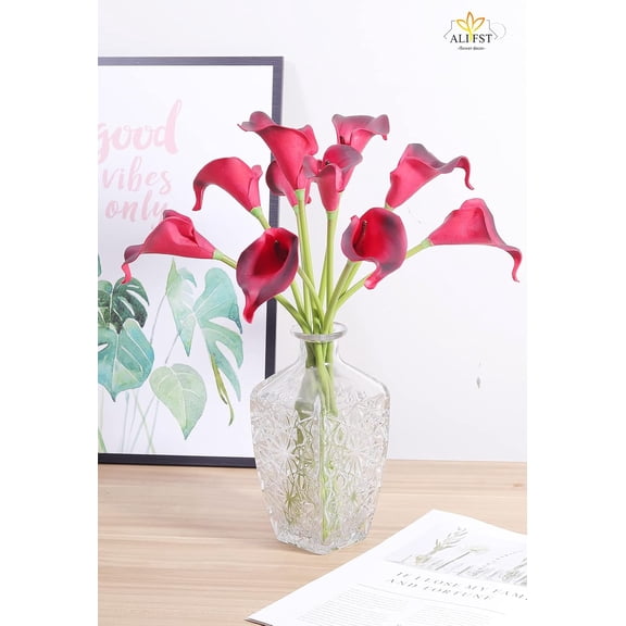 OTGFRF-Mini Artificial Calla Lily 10 Stem Bridal Bouquets Artificial Latex Real Touch Flowers for Home Party Decor (Black red)