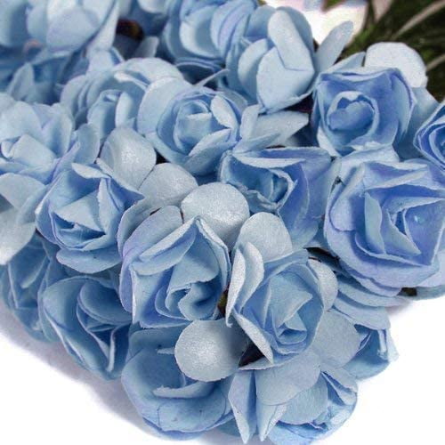 OTGFRF-Mini Fake Rose Flower Heads 144pcs Mini Artificial Mulberry Paper Roses Flower with Wire Stem DIY Wedding Flowers Accessories Make Bridal Hair Clips Headbands Dress (Light Blue)
