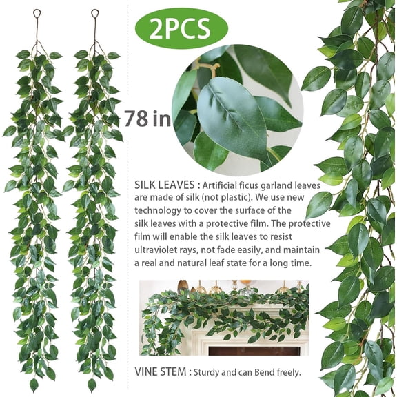 OTGFRF-Mizii 2 Strands Artificial Vines Ficus Garland 78" Fake Vine with Silk Green Leaves Faux Hanging Plants Greenery Decorations for Bedroom Table Centerpieces Wall Party Wedding Room Decor (Ficus