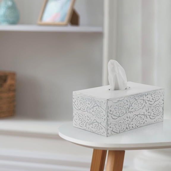 OTGFRF-Modern Farmhouse Decorative Tissue Box Holder - Distressed White, Rustic Metal Design for Bathroom