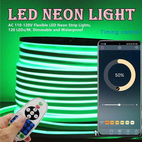 OTGFRF-Neon Led AC 110-120V LED NEON Light Strip, Phone APP or Remote Control/Music Sync/Flexible/Waterproof/Dimmable/Multi-Modes LED Rope Light (Green, 5m/16.4ft)