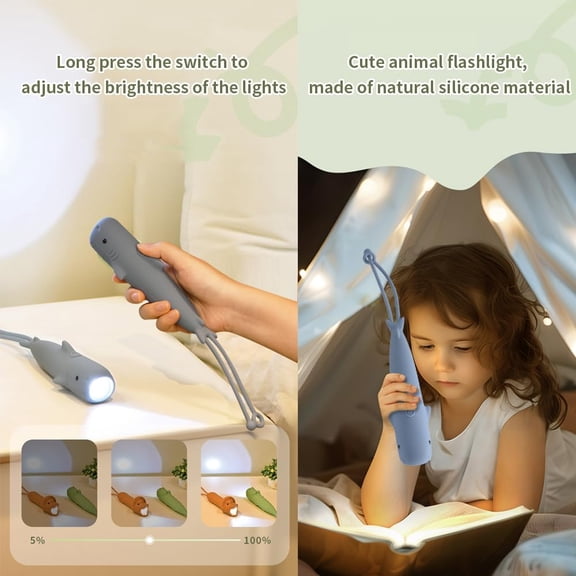 OTGFRF-New Rechargeable Sharks LED Flashlight, Cute Animal Shaped Silicone Flashlight, Comfortable Touch Lasting Press to Adjust Brightness Portable Outdoor Lighting Creative Light.