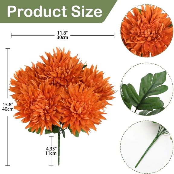 OTGFRF-Orange Artificial Mums for Outdoors Fall Fake Mums Bush 5 Heads Silk Chrysanthemum Flowers Bouquets Autumn Faux Spider Mum Flower Large Floral Arrangements Fall Decorations for Home