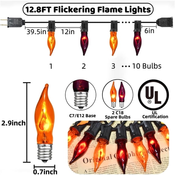 OTGFRF-Orange and Purple Halloween Lights - Flickering Flame String Lights, 12.8Ft Indoor Outdoor Halloween Lights C7 Retro Flame String Lights, Ideal for Fall Halloweens Decorations for Home Party