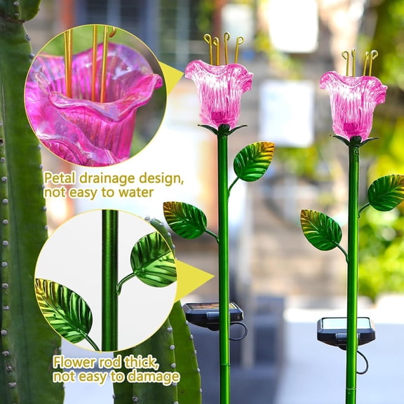 OTGFRF-Outdoor Decorative Flowers 2 Pack, Waterproof Pink Glass Lily Flower Lights, Auto ON/Off Solar Decorative Lights for Garden, Patio, Backyard