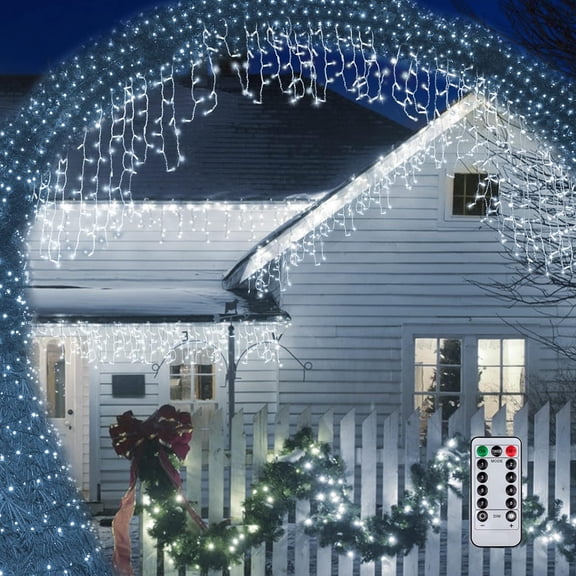 OTGFRF-Outdoor Icicle Lights for Outside,9.8FT Christmas String Lights with Remote Timer, Battery Powered Hanging Window Wall Dripping Ice Light Waterproof for House Garden Yard Xmas Decor(White)