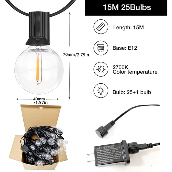 OTGFRF-Outdoor LED String Lights with 50 Feet G40 Globe 26 Plastic Bulbs(1 Spare), Waterproof Hanging Light for Patio Backyard Porch Balcony Party Christmas Decoration