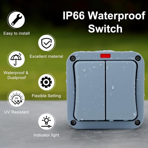 OTGFRF-Outdoor Light Switch, 15Amp Outdoor Double Switch, IP66 Waterproof, SPDT 2 Gang 2 Way Dual Switches, with 3Pcs M20x1.5 Compression Cable Connector, Cable Glands Joints