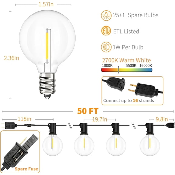 OTGFRF-Outdoor String Lights 50 FT, Patio LED Lights Outside with 26pcs Bulbs, Waterproof Shatterproof Hanging Globe Light Connectable for Bistro Cafe Backyard Balcony Warm White
