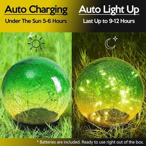 OTGFRF-Outdoor Waterproof IP65 Solar Globe Lights, Led Solar Light Balls for Lawn Garden Patio Table Art Decoration, Yard Landscape Illuminated Cracked Glass Sphere Gazing Ball Lights, Round Ornament