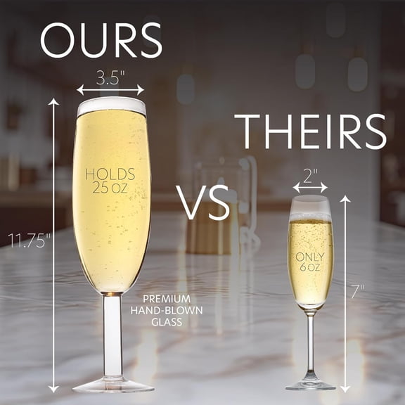 OTGFRF-Oversized XL Giant 25oz Champagne Flute - Holds a Full Bottle of Champ - Made of Hand-Blown Glass NOT Plastic - Jumbo Glassware Fun for Thanksgiving, Bachelorette Trips, Birthdays- Holiday Xma