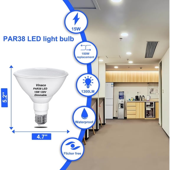 OTGFRF-PAR38 LED Flood Light Bulbs, 4 Pack 1300LM PAR38 Outdoor Flood Light Bulbs 15W, Equivalent 150W, 5000K Daylight Dimmable Waterproof No Flicker PAR 38 Bulb 120V, E26 Base for Indoor & Outdoor