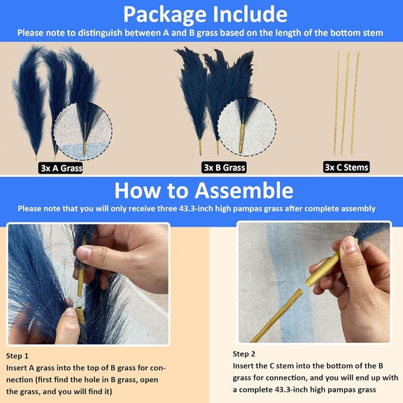 OTGFRF-Pampas Grass Decor - Fluffy Navy Blue Tall Lager 43.3" - 3 Stems - Artificial Pompas Grass Branches