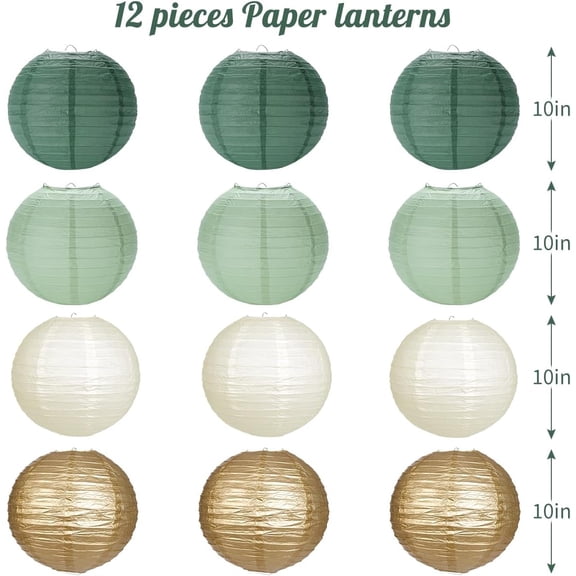 OTGFRF-Paper Lanterns Sage Green Gold Round Hanging Chinese Lanterns for Birthday Party Baby Shower Bridal Shower Decorations Pack of 12