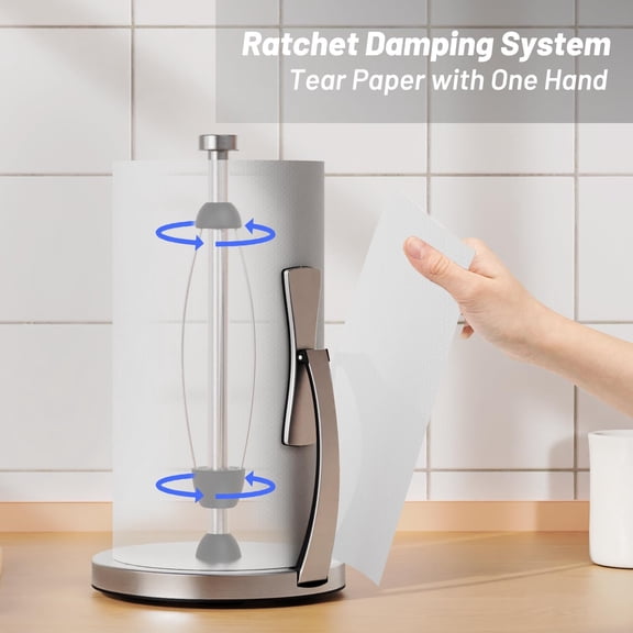 OTGFRF-Paper Towel Holder Countertop, Paper Towel Holder with Spring Activated Arm and Damping Effect, Simply Tear Paper Towel Stand for Bathroom and Kitchen (Silver)